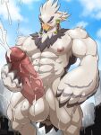  absurd_res avian balls big_balls big_penis bird blush bodily_fluids breath_of_the_wild city cum cum_everywhere erection eyes_closed feathers genital_fluids genitals hi_res looking_down maldu male masturbation messy muscular muscular_male nintendo orgasm penis penis_grab rito solo teba_(tloz) the_legend_of_zelda white_body white_feathers wings 