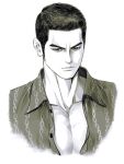  1boy character_request collared_shirt cropped_torso genandnak greyscale long_sideburns looking_ahead male_focus monochrome pectoral_cleavage pectorals ryu_ga_gotoku ryuu_ga_gotoku_(series) shirt short_hair sideburns solo thick_eyebrows thinking yakuza 