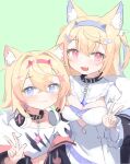 2girls :3 absurdres animal_ear_fluff animal_ears black_collar blonde_hair blue_eyes blue_hair blush breasts cleavage collar crop_top fang fuwawa_abyssgard green_background hair_between_eyes hair_ornament hairband hairclip headphones headphones_around_neck highres hololive hololive_english klaius long_hair long_sleeves looking_at_viewer medium_breasts mococo_abyssgard multicolored_hair multiple_girls open_mouth pink_eyes pink_hair short_hair simple_background v virtual_youtuber w 