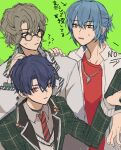  3boys ? black_choker black_necktie blue_hair choker dark_blue_hair faust_lavinia glasses green_background green_jacket grey_shirt hand_on_another&#039;s_shoulder highres jacket juunn_(naruto62) light_blue_hair light_brown_hair looking_at_another looking_at_viewer mahoutsukai_no_yakusoku male_focus multicolored_necktie multiple_boys necktie nero_turner plaid plaid_jacket purple_eyes red_eyes red_necktie red_shirt shino_sherwood shirt short_hair sketch sweater_vest translation_request white_jacket yellow_eyes yellow_sweater_vest 