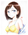  artist_name bare_shoulders blue_eyes blush bob_cut boku_no_kokoro_no_yabai_yatsu bow bow_bra bra breasts brown_hair closed_mouth collarbone colored_pencil_(medium) commentary dated_commentary dress_shirt eyelashes floral_print from_side hair_strand ichikawa_kana lingerie looking_at_viewer looking_to_the_side off_shoulder open_clothes open_shirt shirt short_hair signature simple_background small_breasts smile swept_bangs traditional_media underwear undressing upper_body white_background white_shirt y_takeshinu_wan yellow_bra 