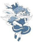  2girls bow cirno commentary_request daiyousei detached_wings fairy_wings full_body greyscale hair_bow hug ice ice_wings itani_illust looking_at_another monochrome multiple_girls shoes short_hair short_sleeves simple_background skirt socks touhou vest wings 