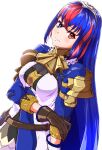  1girl absurdres alear_(female)_(fire_emblem) alear_(fire_emblem) bangs blue_eyes blue_hair braid breasts cleavage crossed_bangs crown_braid fire_emblem fire_emblem_engage gloves hand_on_own_elbow highres long_hair looking_at_viewer medium_breasts multicolored_hair neckerchief red_eyes red_hair smile solo split-color_hair tiara to_(tototo_tk) upper_body very_long_hair white_background 