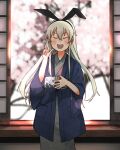  1girl annin_musou blonde_hair blush cherry_blossoms facing_viewer grey_kimono hair_between_eyes highres holding indoors japanese_clothes kantai_collection kimono open_mouth shimakaze_(kancolle) short_hair shouji sliding_doors smile solo v yukata 