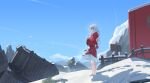  1girl bare_legs blue_skirt clara_(honkai:_star_rail) cotta_(heleif) day english_commentary fence highres honkai:_star_rail honkai_(series) long_hair long_sleeves outdoors red_eyes red_sleeves sign skirt snow solo standing white_hair 