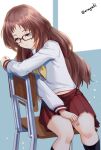  1girl aona_(anagasaki) bow bowtie brown_hair brown_sailor_collar glasses highres indoors long_hair long_sleeves looking_at_viewer mie_(sukinako_ga_megane_wo_wasureta) red-framed_eyewear red_sailor_collar red_serafuku sailor_collar school_uniform serafuku sitting solo sukinako_ga_megane_wo_wasureta yellow_bow yellow_bowtie yellow_eyes 