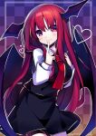  1girl bat_wings black_skirt black_vest breasts checkered_background closed_mouth commentary_request gradient_background head_wings heart highres index_finger_raised koakuma kujou_mikuru long_hair looking_at_viewer multiple_wings one-hour_drawing_challenge red_eyes red_hair shirt skirt smile solo touhou vest white_shirt wings 