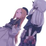  2girls abigail_williams_(event_portrait)_(fate) abigail_williams_(fate) absurdres arms_behind_back black_dress black_gloves black_headwear blonde_hair blue_eyes bodystocking braid breasts daisi_gi dress fate/grand_order fate_(series) forehead french_braid gloves grey_dress hat highres horns keyhole lavinia_whateley_(fate) long_hair long_sleeves multiple_girls off_shoulder parted_bangs sidelocks single_horn small_breasts stuffed_toy white_hair 