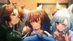  3girls absurdres animal_ears blue_eyes blue_hair blue_shirt blurry blurry_background blush braid breasts brown_hair cero421 colored_inner_hair crown_braid daitaku_helios_(umamusume) ear_covers fingers_to_cheeks green_shirt grin hair_ornament hairclip highres horse_ears indoors jewelry long_hair mejiro_ardan_(umamusume) mejiro_palmer_(umamusume) multicolored_hair multiple_girls necklace one_eye_closed open_mouth painting_(object) purple_eyes shirt side_ponytail small_breasts smile streaked_hair two-tone_hair umamusume upper_body white_shirt yellow_eyes 