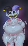  &lt;3 &lt;3_eyes absurd_res belly clothing clown deltarune fool&#039;s_hat genitals grey_body grey_skin hat headgear headwear hi_res humanoid imp jerseydevil jester jevil_(deltarune) looking_down male moobs not_furry penis presenting presenting_penis pressing_breasts_together slightly_chubby solo solo_focus squeezing thick_thighs undertale_(series) 