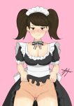  absurdres breasts brown_eyes brown_hair choker flashing frills highres kawakami_sadayo large_breasts maid maid_headdress neck_ribbon non-web_source persona persona_5 pink_background puffy_nipples pussy pussy_juice ribbon seductive_smile self-upload signature simple_background smile sweat turnip_toss twintails uncensored 