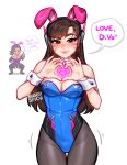  1girl animal_ears bare_shoulders blushyspicy breasts brown_eyes brown_hair cleavage d.va_(overwatch) detached_collar english_text facepaint facial_mark fake_animal_ears heart heart_hands highres leotard long_hair looking_at_viewer medium_breasts overwatch pantyhose playboy_bunny rabbit_ears smile solo_focus speech_bubble strapless strapless_leotard whisker_markings wrist_cuffs 