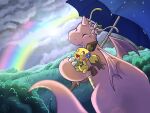  cloud dragonite fan_character field generation_1_pokemon generation_2_pokemon hi_res illustration invalid_tag landscape nintendo ouroborotter pichu pokemon pokemon_(species) pokemon_mystery_dungeon pokemon_oc rainbow raining scenery spiky-eared_pichu umbrella 