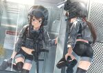  1girl adjusting_clothes adjusting_shoe ammunition_pouch ass belt black_thighhighs blue_eyes boots brown_hair combat_boots combat_helmet commission crop_top dreadtie gun h&amp;k_mp7 headset helmet highres midriff navel original plate_carrier ponytail pouch reflection short_shorts shorts skeb_commission skindentation submachine_gun tactical_clothes termichan_(not-a-bot) thighhighs watermark weapon zettai_ryouiki 