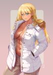  1girl abs becky_montanari blonde_hair breasts closed_mouth dark_skin earrings fur-trimmed_jacket fur_trim ge_xi hair_between_eyes hand_in_pocket highres jacket jewelry large_breasts long_hair long_sleeves looking_at_viewer muscular muscular_female navel open_clothes open_jacket smile white_jacket witches_in_7th_base 