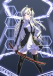  1girl absurdres black_necktie blonde_hair blue_eyes collared_dress dress duel_monster highres holding holding_sword holding_weapon long_hair long_sleeves necktie sky_striker_ace_-_raye solo sword thighhighs two-tone_dress weapon youzi_(small_shabao) yu-gi-oh! 