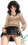  1girl amagami ass_visible_through_thighs black_eyes black_hair black_skirt blush breasts brown_sweater closed_mouth collared_shirt curly_hair dated from_below hands_on_own_hips highres kibito_high_school_uniform looking_at_viewer medium_hair messy_hair miniskirt panties parted_bangs pleated_skirt school_uniform shirt short_sleeves signature simple_background skirt small_breasts smile solo sweater tanamachi_kaoru thighs underwear upskirt wavy_hair white_background white_panties white_shirt yoo_tenchi 