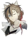  1boy ahoge animal_ears arknights bishounen black_hair blue_eyes brown_hair cat_boy cat_ears character_name closed_mouth collarbone extra_ears hair_ribbon highres jacket jewelry kamiki_hukenoshi looking_at_viewer male_focus medium_hair multicolored_hair necklace one_eye_closed portrait red_ribbon ribbon short_ponytail simple_background solo stainless_(arknights) streaked_hair sweat two-tone_hair white_background white_jacket wiping_sweat 