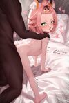  ^^^ animal_ears ass averageartist back bed blush cat_ears dark-skinned_male dark_skin diona_(genshin_impact) doggystyle forehead genshin_impact green_eyes heart looking_back nude open_mouth pink_hair short_hair spread_legs stomach_bulge vaginal 