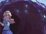  1girl blonde_hair blue_eyes blue_shirt blue_skirt cave cave_interior collared_shirt hat long_hair maribel_hearn mob_cap nama_udon neo-traditionalism_of_japan open_mouth shirt short_sleeves skirt solo touhou white_headwear 