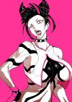  1girl absurdres akasa523 black_hair bracelet breasts choker cleavage gloves hair_horns han_juri hand_on_own_hip highres jewelry large_breasts looking_at_viewer multicolored_hair pink_background purple_eyes solo spiked_bracelet spiked_choker spikes streaked_hair street_fighter street_fighter_6 toned tongue tongue_out 