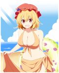  1girl aki_minoriko beach bikini blonde_hair blue_sky breasts cleavage cloud commentary_request commission food fruit grapes hat highres horizon innertube large_breasts light_rays looking_at_viewer mob_cap multiple_sources navel ocean open_mouth orange_bikini red_eyes red_headwear rise_(rise19851203) short_hair skeb_commission sky solo swimsuit touhou 