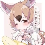  1girl animal_ear_fluff animal_ears banana blush brown_eyes brown_hair extra_ears fingerless_gloves fingernails food fruit gambian_rat_(kemono_friends) gloves half-closed_eye hand_on_own_chin hands_up kemono_friends light_brown_hair long_hair looking_at_food looking_at_object low_ponytail mouse_ears multicolored_hair one_eye_closed parted_bangs parted_lips raised_eyebrow ringed_eyes sarutori sexually_suggestive shirt short_sleeves solo translation_request trembling upper_body vest white_hair 