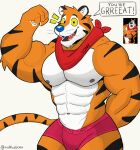  2023 abs anthro barazoku biceps biped black_body black_fur black_stripes bulge clothed clothing dialogue digital_media_(artwork) english_text eyebrows felid frosted_flakes fur hi_res kellogg&#039;s kerchief male mammal mascot muscular muscular_anthro muscular_male navel nipples orange_body orange_fur pantherine pecs reference_image ruffusbleu simple_background solo speech_bubble striped_body striped_fur stripes tail talking_to_viewer text thick_thighs tiger tony_the_tiger underwear underwear_only white_background white_body white_fur yellow_sclera 