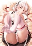  1girl absurdres azur_lane classic_(zildjian33) hairband hands_on_own_knees highres lace-trimmed_hairband lace_trim legs_up lying maid no_shoes on_back on_bed panties puffy_short_sleeves puffy_sleeves red_eyes short_hair short_sleeves sirius_(azur_lane) thighhighs underwear white_hair white_panties white_thighhighs 