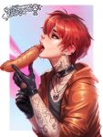  1boy absurdres arm_tattoo bishounen black_eyeliner blue_eyes choker earrings eating gloves highres hood hooded_jacket hot_dog jacket jewelry leather leather_gloves male_focus mrelagan neck_tattoo necklace nose_piercing original pale_skin piercing realistic red_hair tank_top tattoo 