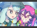  2girls blue_eyes blue_hair blue_headwear bright_pupils chin_strap commentary_request furrowed_brow gloves grey_kimono grin hair_between_eyes hat hatsune_miku highres japanese_clothes kimono letterboxed light_blue_hair long_hair multicolored_eyes multicolored_hair multiple_girls no_sclera pink_eyes pink_gloves pink_hair poison_miku_(project_voltage) pokemon project_voltage purple_hair sandogasa sizimaiwanu smile steel_miku_(project_voltage) teeth twintails v-shaped_eyebrows vocaloid white_pupils yellow_eyes 