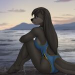  1:1 2023 absurd_res anthro black_hair blue_clothing breasts clothing cloud digital_media_(artwork) female hair hi_res long_hair mammal mountain mustelid mykegreywolf nat_(mykegreywolf) one-piece_swimsuit otter river_otter sand sea seaside sitting sky solo swimwear topwear water 