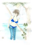  1girl absurdres ase_to_sekken bikini blue_bikini blush breasts brown_hair clothes_removed denim frown glasses highres medium_breasts medium_hair minadecico5 navel outdoors painting_(medium) solo standing sweat swimsuit traditional_media tree undressing water watercolor_(medium) yaeshima_asako 