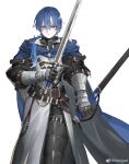  1boy absurdres armor belt blue_hair breastplate buckle cape commentary cuisses feet_out_of_frame gauntlets hair_over_shoulder highres holding holding_sheath holding_sword holding_weapon jun_(seojh1029) knight long_hair looking_at_viewer male_focus original ponytail sheath solo sword unsheathed weapon weibo_logo weibo_username white_background 