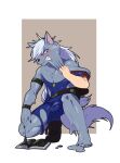  2023 5_toes aloejuice0917 anthro black_nose blush book bulge canid canine canis clothing feet fur goo_transformation grey_body grey_fur hair hi_res male mammal pretty_cure simple_background solo teeth toes transformation white_hair wolf wolfrun 