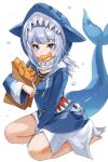  1girl absurdres animal_hood bag barefoot blue_eyes blue_hair blunt_bangs bubble delfin59 fins fish_tail food food_in_mouth full_body gawr_gura gawr_gura_(1st_costume) highres holding holding_food hololive hololive_english hood looking_at_viewer medium_hair paper_bag seiza shark_tail simple_background sitting solo tail taiyaki virtual_youtuber wagashi white_background 