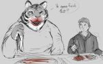  anthro blood blood_on_face bodily_fluids breasts clothed clothing digital_media_(artwork) doctordj english_text felid female fur gore hair male mammal open_mouth pantherine smile teeth text tiger 