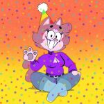  amy_(creator_ant) anthro belt birthday_hat cleavage_cutout clothed clothing confetti creator_ant female hair hat headgear headwear hi_res jumper raised_hand short_hair simple_background sitting sitting_on_ground smile solo teeth 