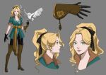  1girl absurdres bird blonde_hair boots bow breasts castlevania castlevania:_symphony_of_the_night esp-art eyelashes gloves green_eyes hair_bow hair_ribbon hairband highres lipstick long_hair looking_at_viewer makeup maria_renard owl reference_sheet ribbon smile solo thigh_boots 