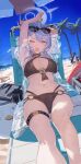  1girl ako_(blue_archive) alternate_costume arms_up beach_chair beach_umbrella bikini black_bikini black_choker blue_archive blue_eyes blue_hair blue_halo blue_sky breasts choker commentary eyewear_on_head gloves hair_between_eyes halo halterneck highleg highleg_bikini highres horizon jacket large_breasts lying medium_hair o-ring o-ring_bikini o-ring_bottom o-ring_top ocean one_eye_closed open_clothes open_jacket open_mouth outdoors puffy_short_sleeves puffy_sleeves see-through see-through_jacket short_sleeves sidelocks sky sunglasses swimsuit teeth thighs umbrella unworn_gloves wavy_hair yakihoko yawning 