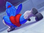  absurd_res anthro avian blue_body boots bulge butt clothed clothing falco_lombardi feathers footwear hi_res kyomiqc male neckerchief nintendo partially_clothed rear_view solo space star_fox stretching tail_feathers underwear 