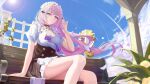  1girl absurdres alternate_costume apron bench blue_sky breasts chinese_commentary cloud corderoy day dress elf elysia_(honkai_impact) enmaided flower frills highres honkai_(series) honkai_impact_3rd large_breasts long_hair looking_at_viewer maid maid_apron maid_headdress outdoors pink_eyes pink_hair pointy_ears purple_eyes shirt short_sleeves sitting skirt sky smile solo sun white_shirt yellow_flower 