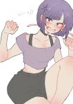  1girl angry bare_legs belly black_choker black_shorts blush boku_no_hero_academia bra_strap breasts chizodazou choker claw_pose cleavage collarbone embarrassed high-waist_shorts highres jirou_kyouka knee_up knees looking_at_viewer medium_breasts midriff_peek open_mouth purple_eyes purple_hair purple_shirt shirt short_hair shorts simple_background solo sweatdrop teeth white_background 
