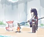  2girls artist_name beach bonfire chibi cliff cooking earrings fish_(food) fork genshin_impact grilled_fish grilling hair_ornament holding holding_polearm holding_utensil holding_weapon japanese_clothes jewelry mountain multiple_girls outdoors polearm spoon weapon xinzoruo yae_miko yae_miko_(fox) 