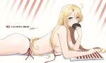  1girl absurdres ahoge bikini blonde_hair blue_eyes breasts character_name doughnut food food_in_mouth highres iowa_(kancolle) kantai_collection large_breasts long_hair looking_at_viewer loose_bikini lying odachu on_stomach red_bikini sidelocks solo swimsuit topless 