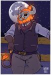  anthro antrimbull arm_support bandanna beard belt belt_buckle body_hair bone bovid bovine cattle clothed clothing cowboy cowboy_outfit facial_hair fence field fire flaming_eyes flaming_hair flaming_tail fully_clothed gun halloween hi_res holidays horn humanoid kerchief lasso leaning leaning_back leaning_on_elbow male mammal monster moon mustache night pseudo_hair ranged_weapon rope shirt skull skull_head sky solo star tail topwear vest weapon wood wood_fence 