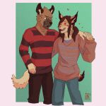  &lt;3 5_fingers aggretsuko anthro bottomwear clothed clothing duo eye_contact felid feline fingers green_eyes haida_(aggretsuko) hand_on_shoulder hi_res hyena looking_at_another lynx male mammal open_mouth pants red_eyes sanrio sweatshirt to(matto)3 