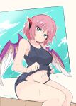  1girl absurdres animal_ears bird_ears bird_wings black_one-piece_swimsuit blush breasts closed_mouth collarbone commission feet_out_of_frame grey_eyes highres medium_breasts mystia_lorelei navel old_school_swimsuit one-piece_swimsuit pink_hair school_swimsuit short_hair skeb_commission solo swimsuit tatutaniyuuto touhou wet wet_clothes wet_swimsuit white_wings wings 
