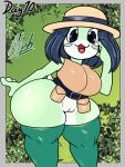  alph_(monnodev) amphibian anthro belt big_breasts black_pupils blue_eyes blue_hair bottomless breasts clothed clothing english_text female frog genitals green_body hair hat headgear headwear hi_res huge_hips jyto legwear looking_at_viewer non-mammal_breasts open_mouth pupils pussy shirt solo text thick_thighs thigh_highs topwear wide_hips 