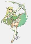  1girl 2023 :3 airseal arrow_(projectile) blush bow_(weapon) breasts cleavage closed_mouth corset dated dress elf elsword energy_arrow full_body grand_archer_(elsword) green_dress green_eyes green_hair grey_background hair_between_eyes hair_ornament highres holding holding_arrow holding_bow_(weapon) holding_weapon large_breasts long_hair looking_away pointy_ears rena_erindel signature simple_background solo two-tone_dress very_long_hair weapon white_dress 